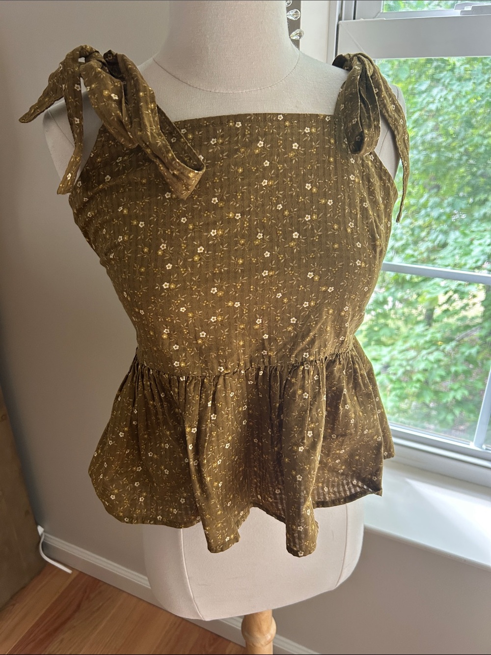 Madewell Olive Green Floral Tie-Shoulder Peplum Cami